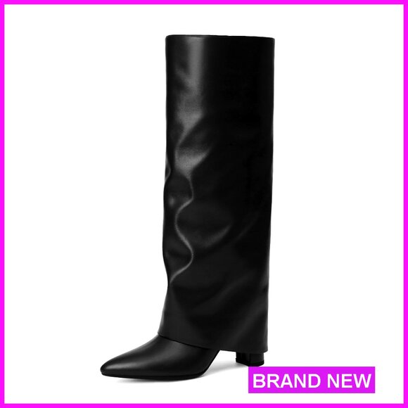 Knee High Boots Chunky Heel Pointed Toe Zipper Fold Over Slouchy Dress Boots
